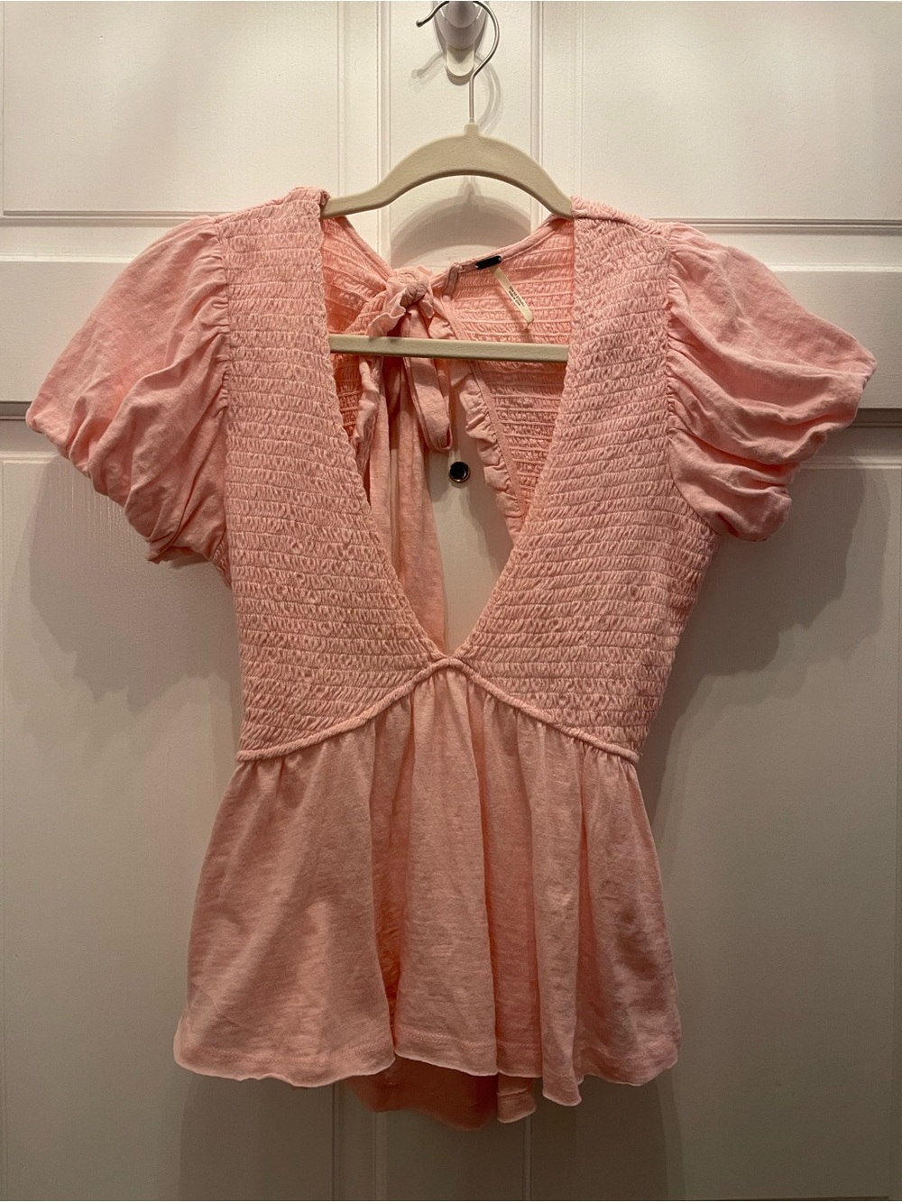 Free People Charlotte Tie-Back Top Pink Smocked Deep V Cinched 100% cotton!